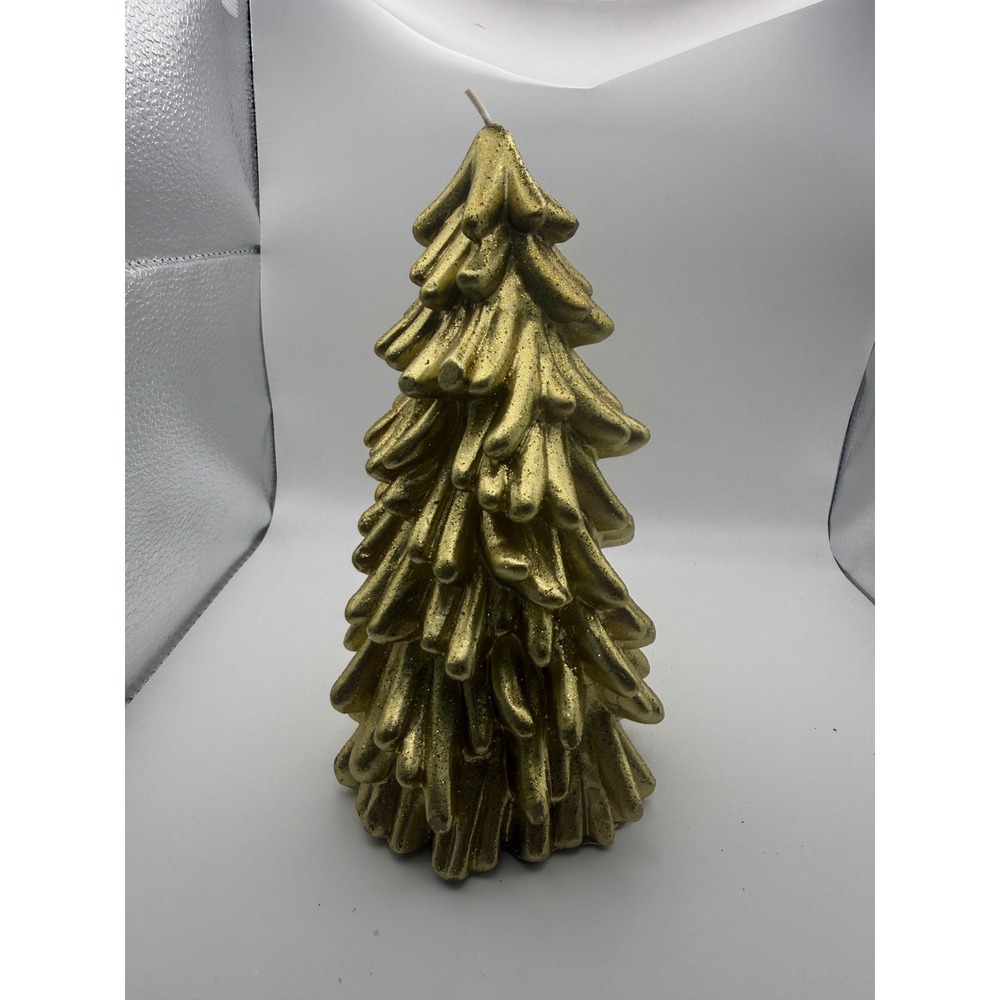 Gold Christmas Tree Candle Metallic Glitter Holiday Decor 7 Inch Pillar